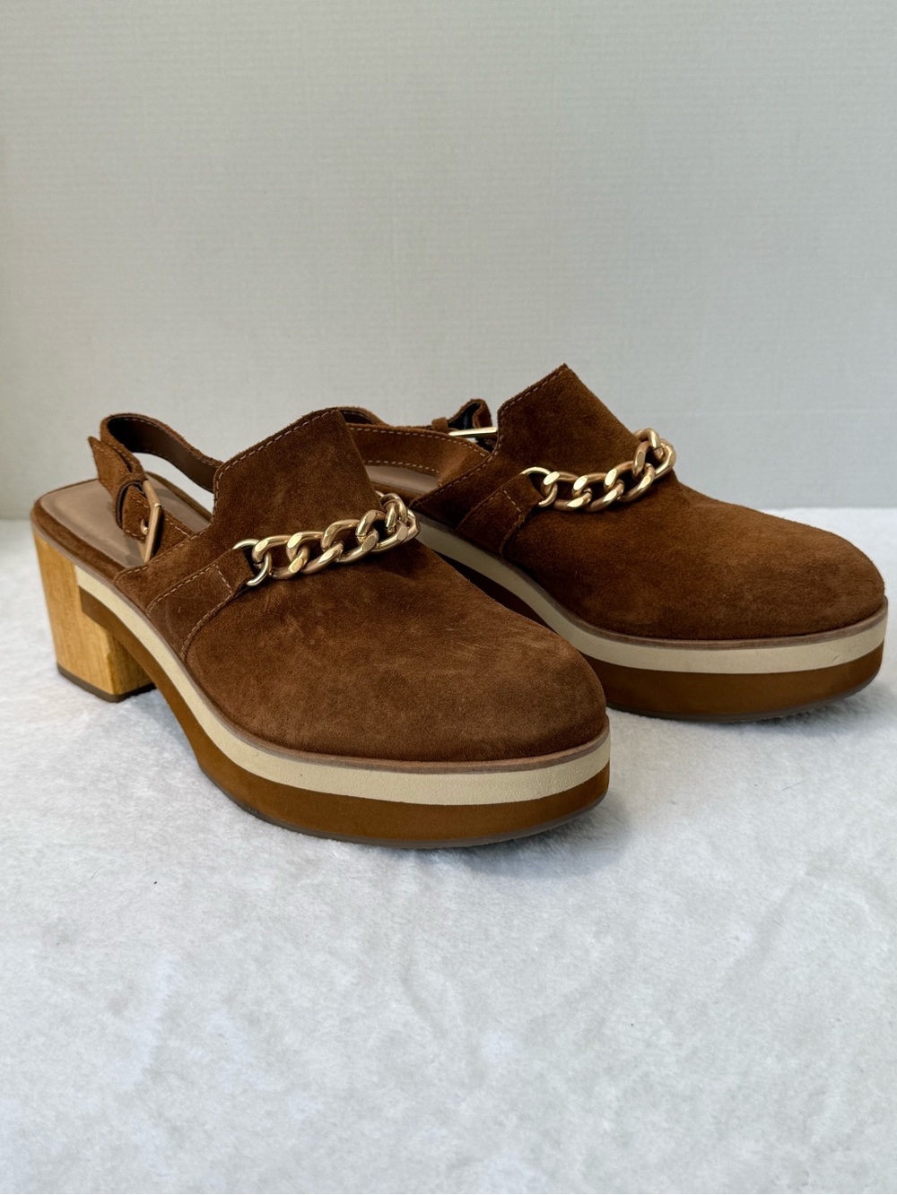Bernardo Brown Suede Slingback Platform Mules with Gold Chain